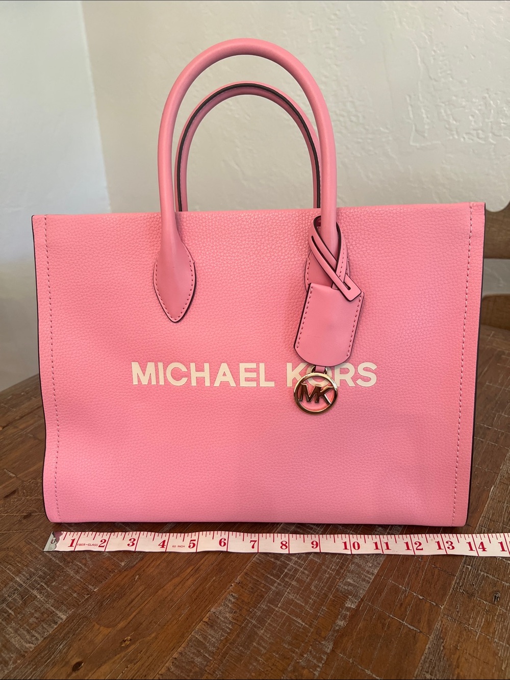 MICHAEL KORS Mirella Pebbled Pink Leather Tote with MK Charm - Picture 9 of 10